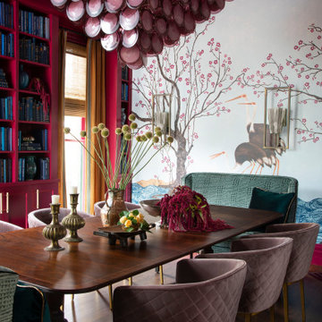 Colorful Dining Room with Large Pink Glass Chandelier