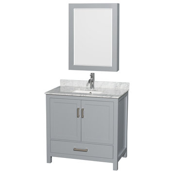 36" Single Vanity,Gray,White Carrara Marble Top,Sink,Medicine Cabinet
