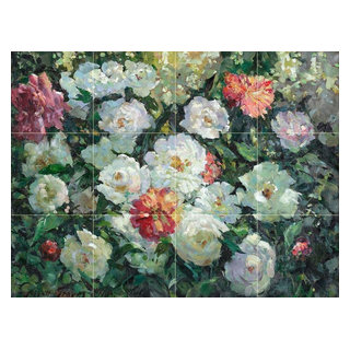 Mural En Céramique Still Life Of Peonies & Cock's Comb - Dimensions 25.5x34 Pouces, Pour Cuisine/salle De Bain