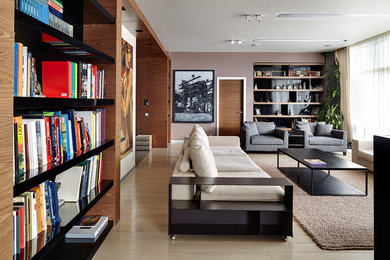 Living room - contemporary light wood floor living room idea in Moscow with purple walls and no fireplace