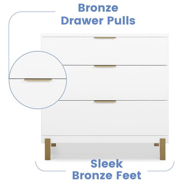 Pemberly Row 3-Drawer Wood and Metal Dresser in Bianca White/Bronze