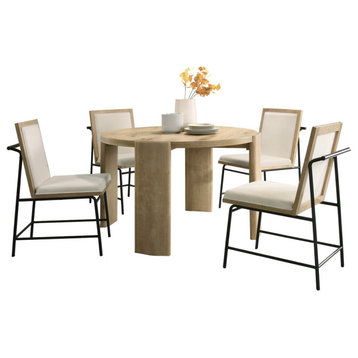Bowen Oak Finish 47" Round Dining Table Set With Cream Color Upholstered Chairs