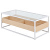 Display Coffee Table, White Steel, Natural Wood, Clear Glass