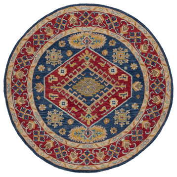 Classic Bohemian Area Rug, Bordered Design & Red/Blue Floral Pattern, 7' Round