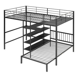 Gewnee Full Over Twin Metal Bunk Bed with Desk and Shelves in Black ...