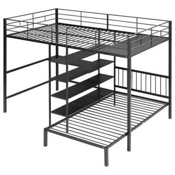 Gewnee Full Over Twin Metal Bunk Bed with Desk and Shelves in Black