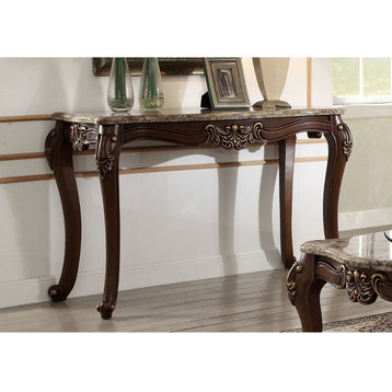 Benzara BM185784 Marble Top Sofa Table With Carved Floral Wooden Feet, Brown