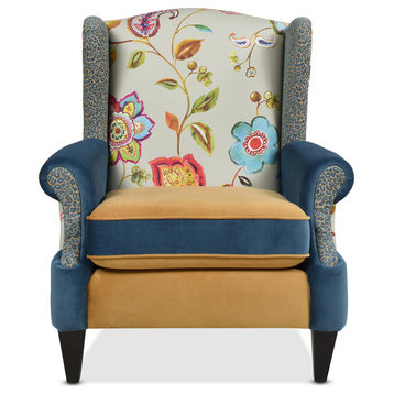 Anya Boho Chic Wingback Accent Arm Chair, Floral & Leopard, Satin Teal & Gold Velvet