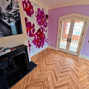 Custom Luxury Bedroom with Artistic Design and Herringbone Flooring