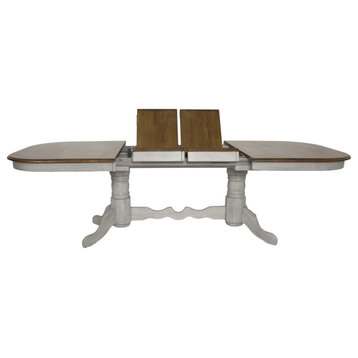 9 Piece Double Pedestal Extendable Dining Table Set, Distressed Gray/Brown