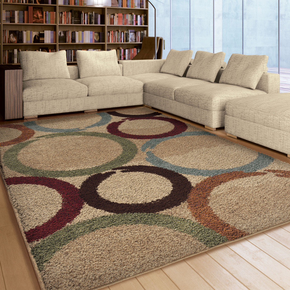 Orian Circle Rug Orian Impressions Shag Hand Drawn Circles Area Rug, Beige, 7'10
