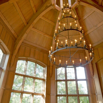 Reclaimed White Oak Beams and Panelling in a Vaulted Library, San Antonio, Texas