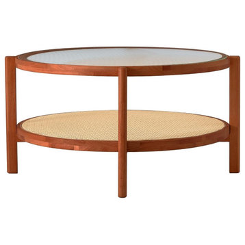 Round Coffee Table, Wooden Frame With Rattan Shelf & Fluted Glass Top, Walnut