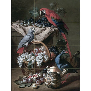 Tile Mural Still Life With Two Parrots, Marble