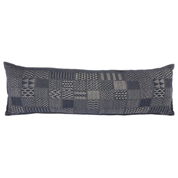 Artisan Hand Loomed Cotton Lumbar Pillow, Indigo Blocks, 16"x48"