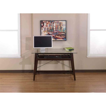 Unique Desk, Tempered Glass Top & Pullout Keyboard Tray With Organizer, Espresso