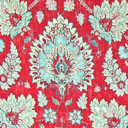 Raspberry red vintage Persian rug fabric linen - Drapery Fabric