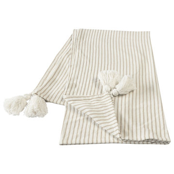 Ivory Striped Throw Blanket with Tassels, Ivory/Beige
