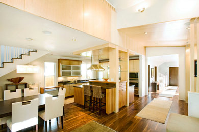 Great room - mid-sized contemporary dark wood floor great room idea in Denver with white walls, a standard fireplace and a tile fireplace