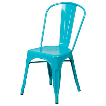 Set of 4 Dining Chair, Metal Seat With Drain Holes and Curved Back, Teal/Blue