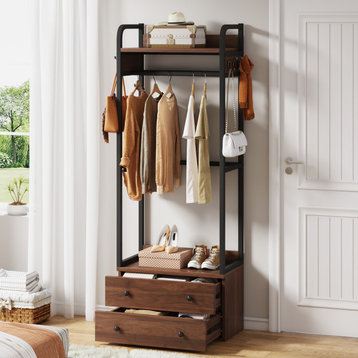 Hall Trees Small Clothes Rack Coat Rack With 2-Drawer and Shelves