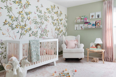 Transitional girl wallpaper nursery photo in Austin with green walls