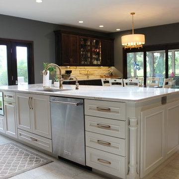 Rustic Alder Gray Stained Kitchen with White Hutch and Island