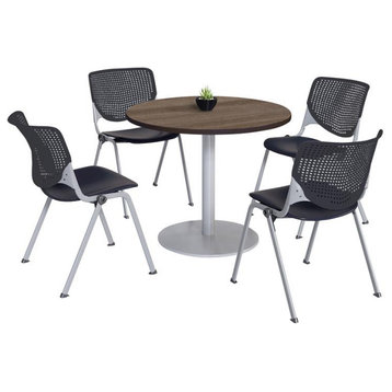 KFI 36" Round Pedestal Table - Teak Top - Silver Base - Kool Chairs Black