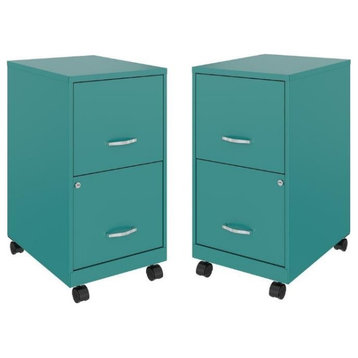 Home Square 2 Drawer Metal Mobile Filing Cabinet Set in Turquoise (Set of 2)