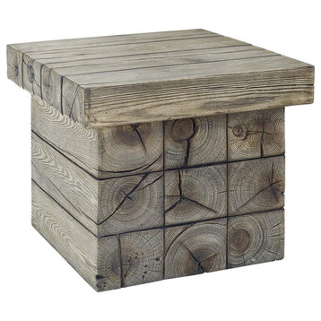 Rustic Patio Side Table, Natural Wood Texture & Square Top, Simulated Driftwood