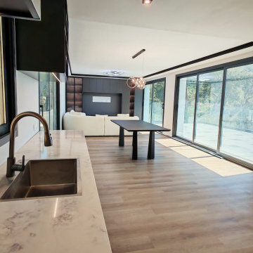 Kitchen Countertop Close-Up – Marble Worktop & Integrated Sink with Entire Open