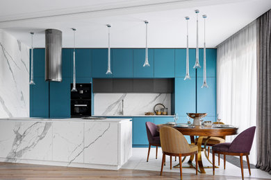 Design ideas for a mid-sized transitional galley eat-in kitchen in Saint Petersburg with an undermount sink, flat-panel cabinets, turquoise cabinets, quartz benchtops, white splashback, porcelain splashback, black appliances, porcelain floors, with island, white floor and white benchtop.