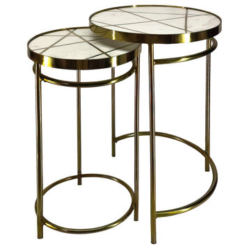 Benzara UPT-272905 Round 2 Piece Nesting End Table Set, Metal Frame, Brass/White