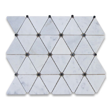 White Carrara Marble Triangle Mosaic Tile Black Round Dots Polished, 1 sheet