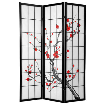 6' Tall Cherry Blossom Shoji Screen, Black, 3 Panels