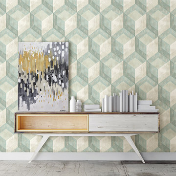 Rustic Wood Tile Green Geometric Wallpaper