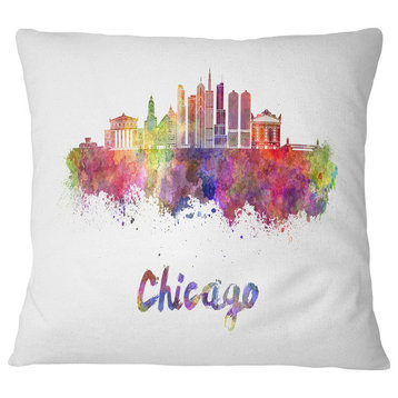 Colorful Chicago Skyline in Watercolor Cityscape Throw Pillow, 16"x16"