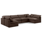 Meridian Furniture - Indulge Upholstered Modular U-Shaped Sectional, Brown, 6-Piece: 4 Armless Chair, 2 Corner Chair, Down Stuffed Velvet - Experience ultimate comfort and style with our brown velvet Indulge Sectional. The luxurious velvet will elevate the aesthetic of any room. This sofa provides ample space for you to relax while its modular build offers the option of unlimited configurations. Whether you're looking to add a stylish element to your living room or a comfortable seating option to your bedroom, this sofa is the perfect choice.