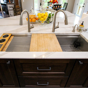 White Kitchen with Espresso Island, Galley Sink, Cambria Britannica Countertop