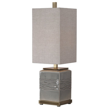 Embossed Square Gray Tall Shade Buffet Lamp | Wavy Lines Brass Bronze Beige