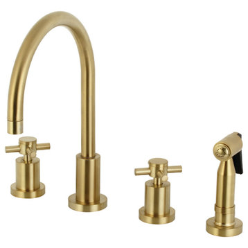 KS8727DXBS 8" Widespread Kitchen Faucet With Brass Sprayer, Brushed Brass