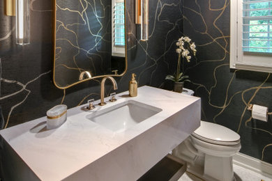 Small minimalist mosaic tile floor, white floor and wallpaper powder room photo in Chicago with quartz countertops, white countertops and a floating vanity