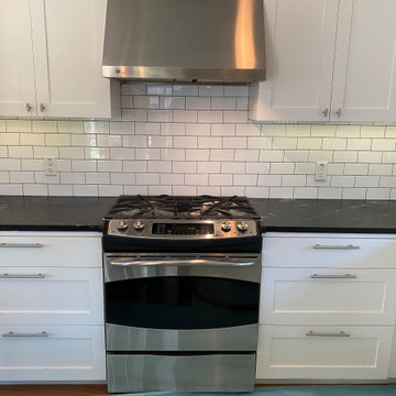 KITHEN BACKSPLASH - 3" x 6" Subway, Dark Gray Grout, Soap Stone Countertop