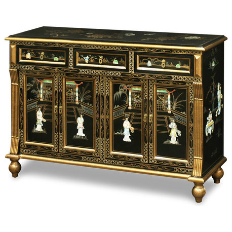 Gold Trim Black Lacquer Mother of Pearl Oriental Sideboard