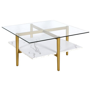 Contemporary Coffee Table, Crossed Gold Base With Faux Marble Shelf, Glass Top