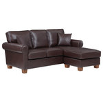 OSP Home Furnishings - Rylee Rolled Arm Sectional, Cocoa Faux Leather With Pillows and Coffee Legs - Create a cozy retreat to sprawl out and doze off with a book. Keep the movie night tradition alive providing a comfy place for family and friends. The left or righthand facing chaise allows you to configure in the way that suits your room best and will beckon feet to kick up and relax. Two accent pillows add to both style and repose. Our sectional will offer durable comfort thanks to foam cushions supported by sinuous spring supports and kiln dried wood construction. Classic wood-block feet are finished in a contemporary lighter finish contributing to the classic feel of the sofa chaise sectional. Arrives via UPS in three cartons.
