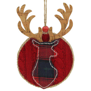 6" Red Plaid Deer Head Silhouette Round Christmas Ornament