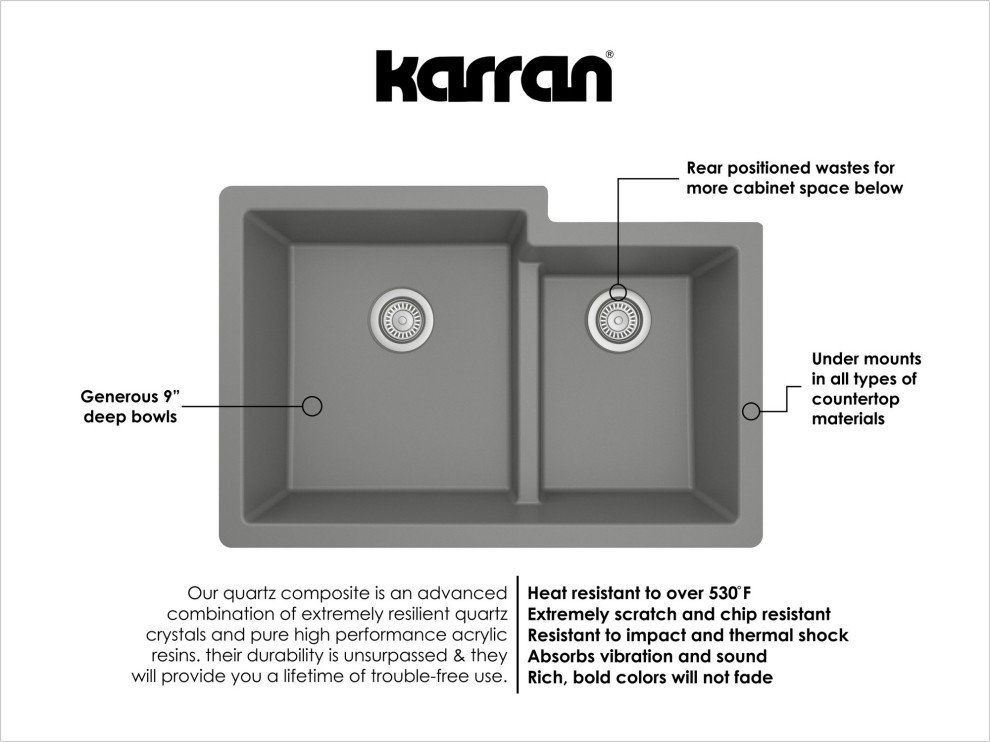Karran 32" Undermount Large/Small Bowl Quartz Kitchen Sink, Grey