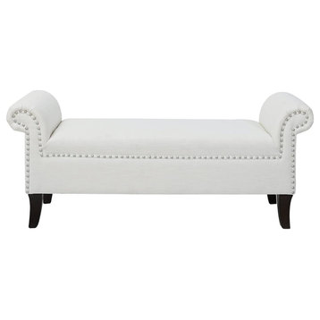 Modern Bench, Upholstered Design With Rolled Arms and Nailhead Trim, White