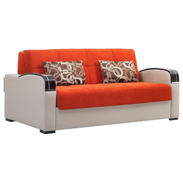 Modern Sleeper Sofa, Unique Design With Wooden Arms & Firm Fabric Seat, Orange